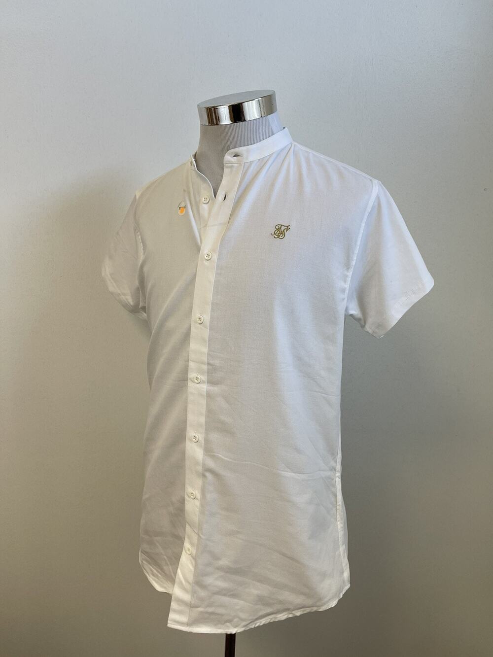 SikSilk Shirt Mens Medium Button Up Solid White Sik Silk Short Sleeve Cotton N38